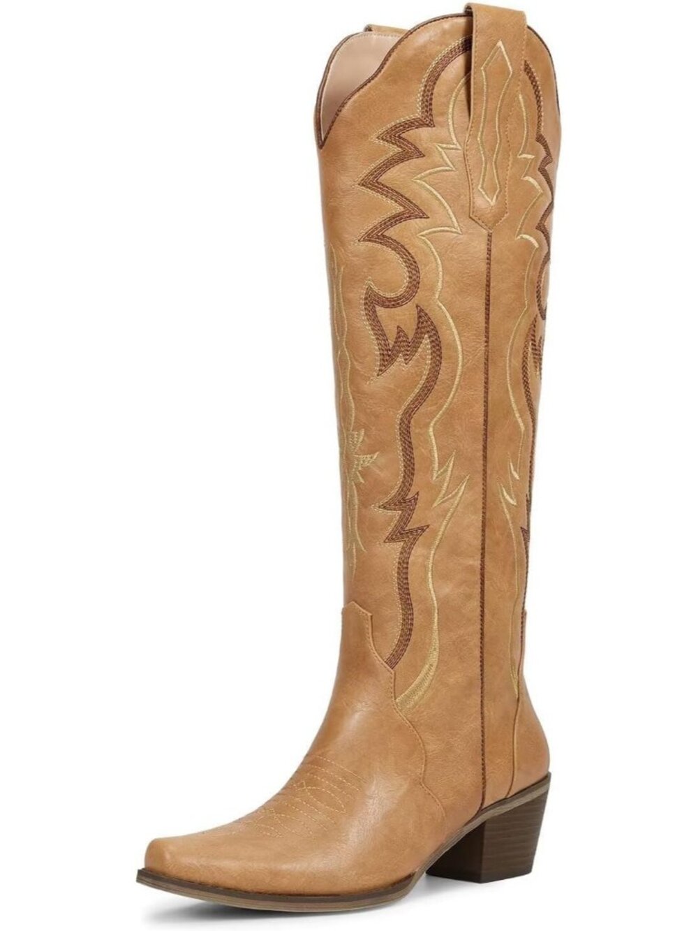 Women's Tan Faux Leather Pull On Embroidered Cowgirl Cowboy Knee High Boots